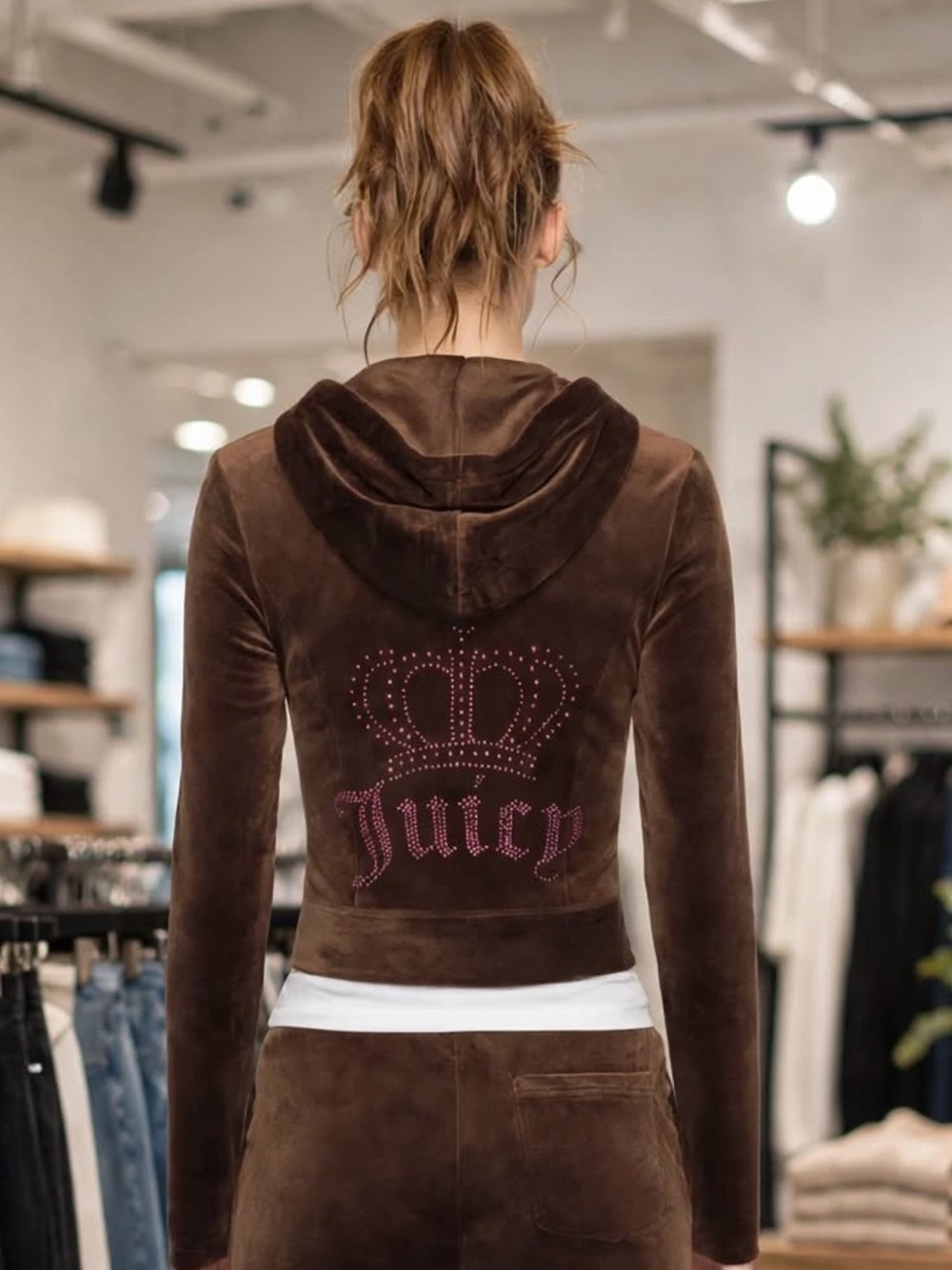 🐻Medium Brown Juicy Couture Velour Hoodie with Pink Rhinestones